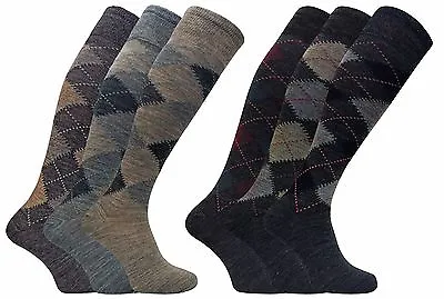 3 Pack Mens Extra Long Knee High Warm Argyle Lambs Wool Socks In Brown Or Grey • £10.99