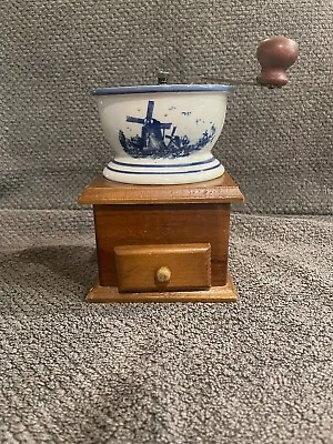 Vintage Wood Porcelain Mr Dudley International Blue Delft Manual Coffee Grinder • $32.95