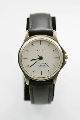 Relic Watch Mens Stainless Silver Steel Leather Black Water Resist White Quartz • $34.94