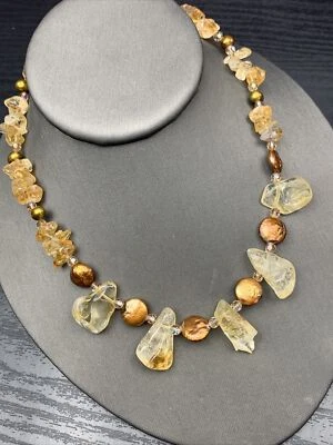 $32.98 • Buy Vintage  Citrine Gemstone  Bronze Real Coin Pearl Layered ￼Necklace 16” Sterling