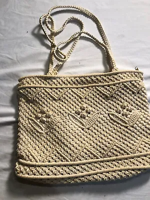 Macrame Shoulder Bag Purse Handbag Boho Artsy Floral - White Ivory Lined 13 X 9 • $24