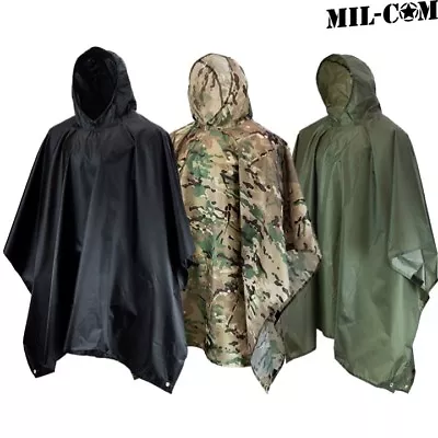 Mil-Com Waterproof Ripstop Poncho Hooded Festival Rain Coat Army Camo Shelter • £20.99