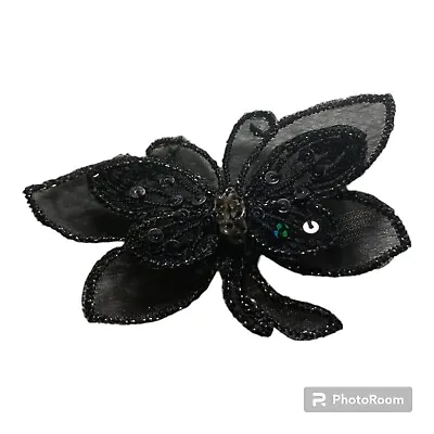 Vintage Black Fabric & Sequin 3  Butterfly Pin Brooch Lapel • $11.59
