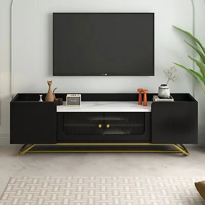 TV Stand For TVs Up To 65  W/ White Faux Marble Top Glass Door &Gold Metal Base • $143.86