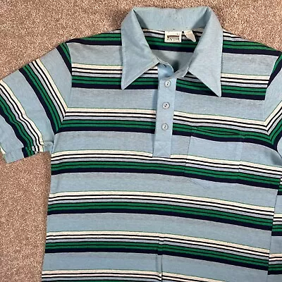 Vintage 80s Montgomery Ward Golf Disco Polo Shirt Mens Large Striped Blue Green • $15.93