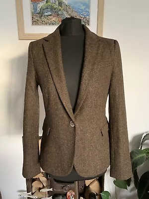 ZARA Brown LAMBSWOOL WOOL Tweed Hacking Jacket - Blazer Elbow Patches - Size M • £39.99