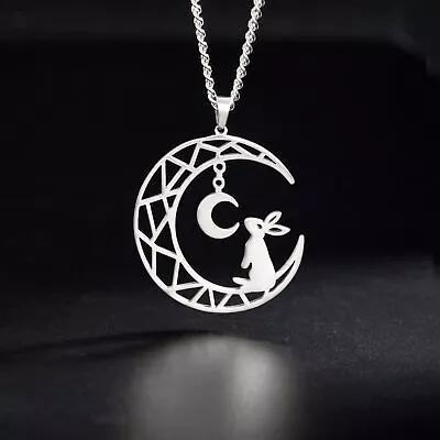 Novelty Crescent Moon Rabbit Necklace Stainless Steel Bunny Animal Jewelry • $6.49