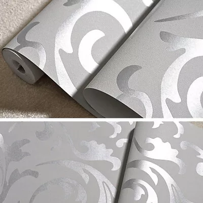 3D Sliver Glitter Damask Wallpaper Roll Home Decor Silver Grey Wall Paper Rolls  • £9.95