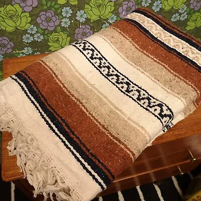 Large Brown Navy Blue Mexican Woven Stripy Falsa Yoga Blanket Throw • £27.99