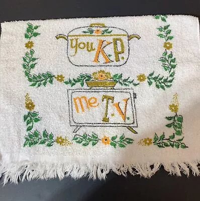 Vintage 1960s Dish Towel “You K.P. Me T.V” Tea Towel 25x17 • $9.99