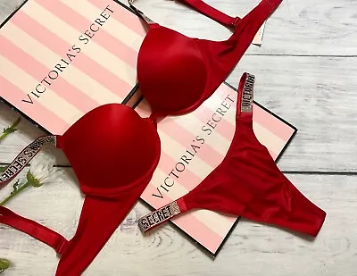 Victoria’s Secret Sexy RHINESTONE Shine Strap Push Up Bra Thong Set Smooth Red • $163.05
