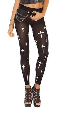 £9.99 • Buy Black Footless Tights W/Printed Cross Design, Gothic, Emo, Punk
