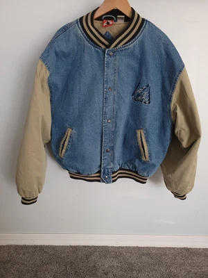 $75 • Buy VTG Mickey Mouse Varsity Denim Bomber Jacket 90s Disney Jean Size XXL 