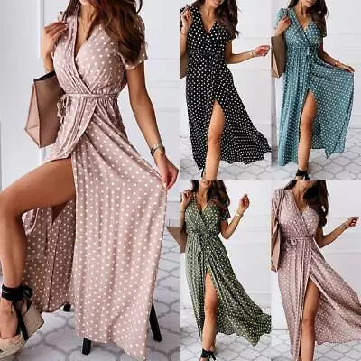 £13.19 • Buy Women Polka Dot Wrap Swing Maxi Dress Ladies V Neck Holiday Party Beach Sundress