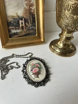 Vintage MCM Hand Painted Porcelain Victorian Floral Pin Brooch/ Pendant Necklace • $38