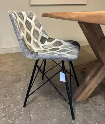 Dining Chair - Grey Cowhide Hair On Leather - Industrial Black Iron Legs • £219