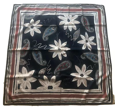 Stunning Silky Scarf Black Tan & Beige Floral Paisley Print Vintage Square 34” • £2.99