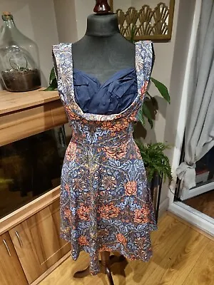 Stunning Lindy Bop Blue Floral Summer Sleeveless Fit Flare Dress - Sz 10 • £15