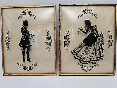 Vtg Convex Silhouette Reverse Paint Picture Set Two Man & Woman White Background • $24.95