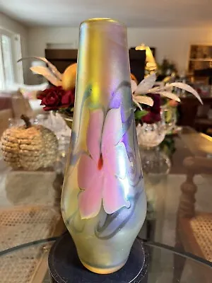 Vandermark 1979 10.5” Art Glass Vase Pink Anemone Flowers Favrile Aurene DM/SS • $225