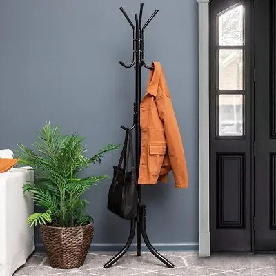 Coat Rack Standing Metal Hat Hanger 12 Hook For Jacket Umbrella Tree Stand Black • £11.89