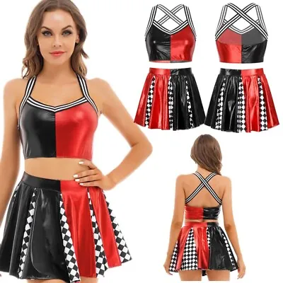 Women Cheerleading Uniform Color Block Patchwork Crop Top+Ruffle Skirts Outfits • £12.40