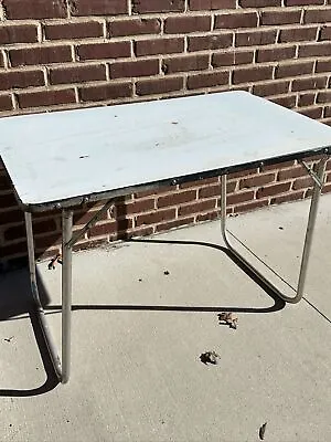 Vintage  Homemade Porcelain Picnic Camping￼Metal Table Folding Legs 1949 • $162