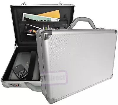 Pro Aluminium Large Deep Executive Laptop Padded Briefcase Attache Case Silver • £48.97