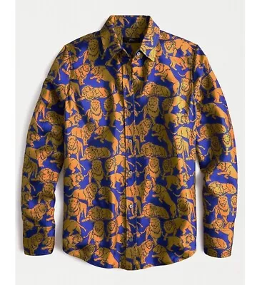 J. Crew Collection 2 100% Silk Twill Button Up Shirt Sleepy Lion Cat Print Blue • $42.99