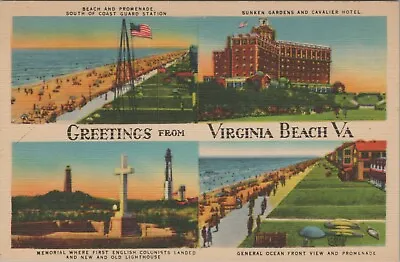 Greetings From Virginia Beach VA 4 Views Beach Cavalier Hotel Gardens Linen F167 • $7.59