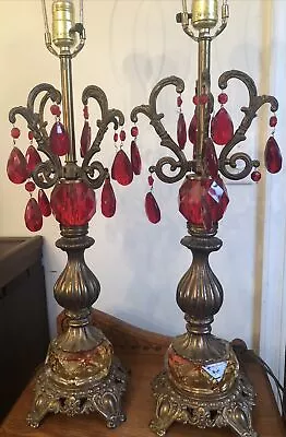 Pair 33” Hollywood Regency Lamps MCM Kitschy Red Teardrop Chandelier Crystals • $125