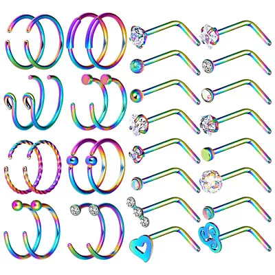 2-32x 20G Nose Hoop Ring L-Shaped Pin Stud Piercing Kit Rainbow Stainless Steel • $5.99