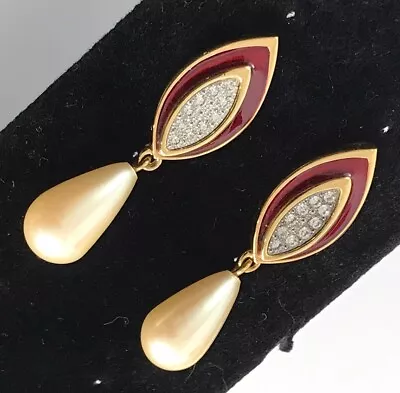 Monet Gold Tone Ruby Red Enamel Rhinestone Faux Pearl Dangle Earrings. #903 • $21.95