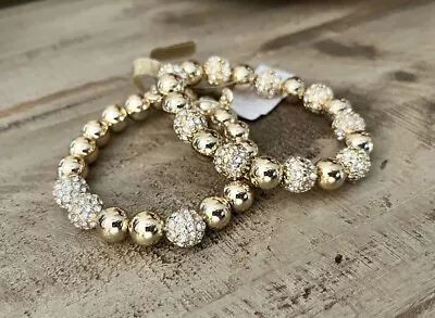 J Crew Gold Ball Beaded Clear Crystal Pave Set Of 2 Stretch Bracelets NWT NEW • $26.99