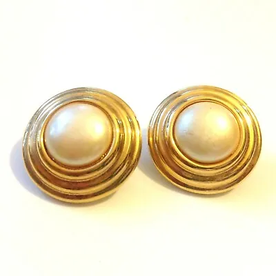 Vintage Button Faux Pearl Gold Pierced Earrings  • $14.69