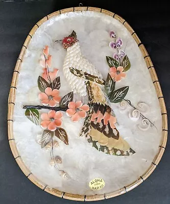 VTG ALOHA Shell Scalloped Seashell Art Bird & Flowers Shell Wall Art 11x14 USA • $26