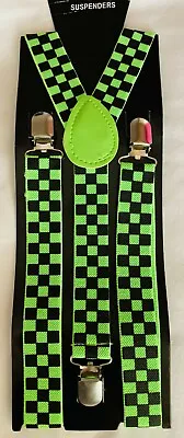 Easy Attached Unisex Neon Green & Black Checked Design Adjustable Braces NEW • £3.99