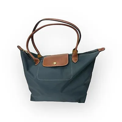 Longchamp Le Pliage Blue Nylon & Brown Leather Large Travel Tote Bag • $80