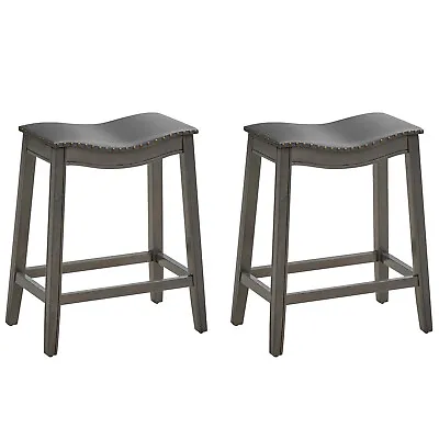 Set Of 2 PVC Leather Saddle Stools Counter Height Stool Solid Rubber Wood Legs • $99.99