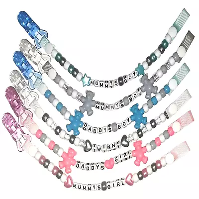 Boys And Girls Personalised Dummy Clips Chain Pinks Blues Greys Etc  • £3.25