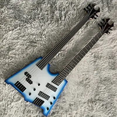 Custom Double Neck Electric Bass Guitar Blue 5+5 Strings Fretless Free Shipping • $419