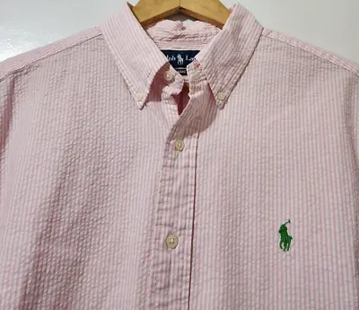 Ralph Lauren Men L Classic Fit Pink White Stripe Seersucker Shirt Green Pony VTG • $24.88