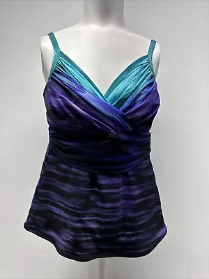 Miraclesuit Tankini Top Bathing Suit Swim Suit Slimming Purple Striped Bra Sz 10 • $29.99