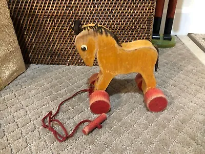 Vintage HABA Wooden Horse Pull Kids Toy West Germany Red Wheels 6  Tall • $35