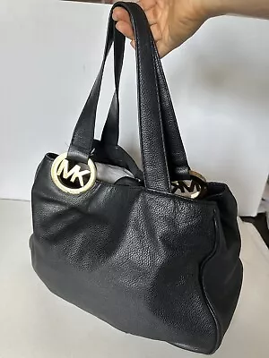 MICHAEL KORS Fulton Pebbled Leather Satchel Tote Shoulder Handbag* Black*Snap*Lg • $45