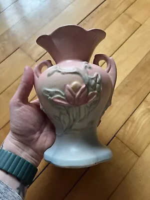 Vintage Hull U. S. A. Pottery Double Handle Pink Blue Magnolia Flower Vase • £19.29