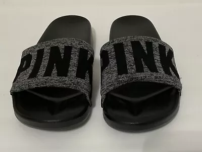 Victoria's Secret Pink Logo Flip Flops Slides Black Marl Grey Seamless Size S? • $12