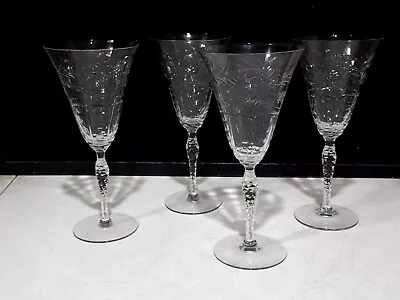 SET OF 4 - Early Seneca Crystal 190-22  Wheel Cut Etched 8 1/4  WATER Goblets • $66.49