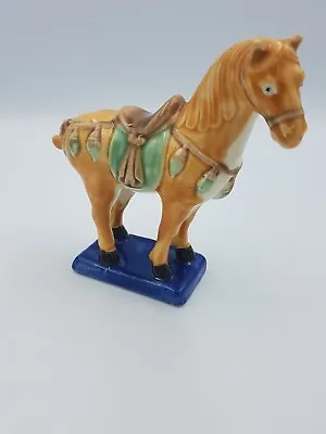 £24.99 • Buy Chinese Ceramic Tang War Horse Figurine Ornament Glazed Finish Brown Blue Base