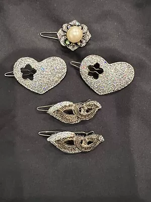Vintage Hair Barrettes Pins Clips Crystal Rhinestones  Pearl Lot Of 5 Pieces • $24